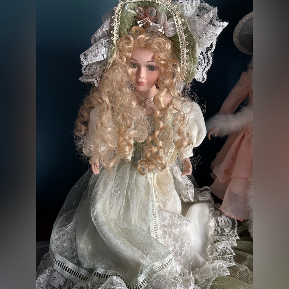 Vintage Victorian Style Porcelain Doll with Lace Dress